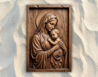 May include: A rectangular wooden wall plaque featuring a relief carving of a figure holding a child. The medium-brown wood displays a visible grain pattern, with both figures depicted in robes and halos, set within a deep, framed border.