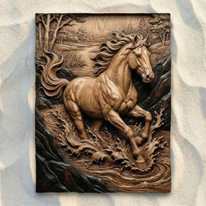 May include: A rectangular wooden wall plaque featuring a detailed relief carving of a horse galloping through water. The scene includes a flowing mane, muscular anatomy, and a background landscape with trees and hills rendered in natural wood tones.