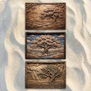May include: A set of three rectangular wooden wall plaques featuring intricate relief carvings of trees in landscapes. Each plaque displays a unique scene with detailed foliage, textured bark, and carved natural elements in shades of brown.