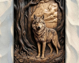 Könnte beinhalten: Detaillierte Holzschnitzerei eines Wolfs in einer Waldszene. Das Kunstwerk zeigt einen Wolf mit detailliertem Fell, umgeben von Bäumen, Gras und Blumen. Die Farbpalette ist hauptsächlich braun und beige.