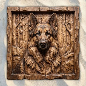 Könnte beinhalten: Eine detaillierte Holzreliefschnitzerei eines Deutschen Schäferhundes. Kopf und Oberkörper des Hundes sind aufwendig geschnitzt und zeigen sein Fell und seine Gesichtszüge. Der Hintergrund zeigt eine Waldszene, alles in einem rustikalen Holzrahmen.