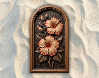 May include: A rectangular wooden wall plaque with an arched top featuring a high-relief carving of two hibiscus flowers and three buds. The flowers have light brown petals with orange-red edges, set against a dark brown textured background.