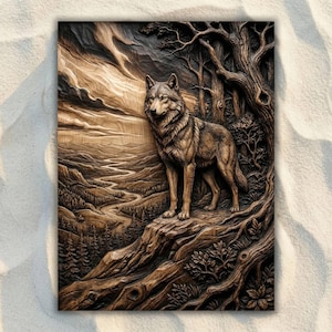Peut inclure: Sculpture en bois détaillée d'un loup debout sur un affleurement rocheux, surplombant une vallée avec une rivière. L'œuvre présente une forêt et un ciel nuageux, le tout rendu dans des tons bruns et beiges.