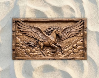 Pegaso volando entre las nubes (archivo STL para CNC), archivo para fresadora CNC de relieve 3D, modelo para impresión 3D de tallado en madera, arte mural de fantasía, decoración mítica para el hogar.