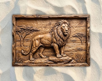 May include: A detailed wooden relief carving of a lion standing on a rock in a savanna landscape. The artwork features a rectangular frame with a textured, natural wood grain finish. The lion has a full mane and is surrounded by carved trees and grassy plains.