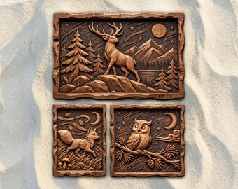 Woodland Animals Set of 3 STL Files Bundle | Stag Fox Owl 3D Relief CNC Router Wood Carving | VCarve Aspire Carveco