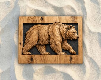 Walking Bear Plaque STL File | 3D Relief CNC Router Wood Carving Model | VCarve Aspire Carveco Shapeoko | Digital Download