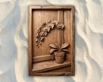 May include: A rectangular wooden wall plaque featuring a detailed relief carving of an orchid plant in a pot. The carving depicts a flowering orchid with multiple blooms and leaves, set against a textured background resembling a wooden wall panel.