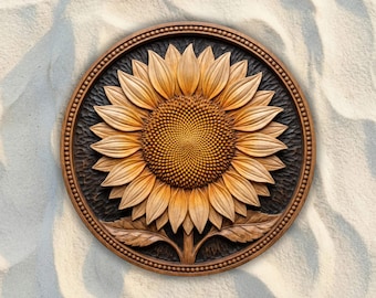 Archivo STL CNC de girasol redondo, archivo para fresadora CNC de relieve 3D, modelo de impresión 3D para tallado en madera, arte floral para pared, decoración de estilo rústico para el hogar.