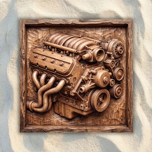 May include: A square wooden wall art piece featuring a detailed relief carving of a V8 engine. The carving displays the intake manifold, exhaust headers, pulleys, and alternator. The entire piece is framed in a matching carved wooden border.
