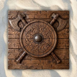 Puede incluir: Un colgante de pared de madera con un escudo vikingo y dos hachas cruzadas. El escudo tiene un jefe central e intrincados grabados de dragones y nudos. Las hachas tienen detalles grabados. El fondo es un panel de madera texturizado.