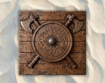 Viking Shield and Crossed Axes CNC STL File, 3D Relief CNC Router File, Wood Carving 3D Printing Model, Norse Wall Art, Viking Decor