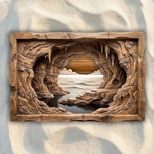 May include: A rectangular wooden wall art piece featuring a carved relief of a cave opening looking out toward a sea horizon. The frame and interior cave walls have a textured, wood-grain finish with stalactites hanging from the upper arch.