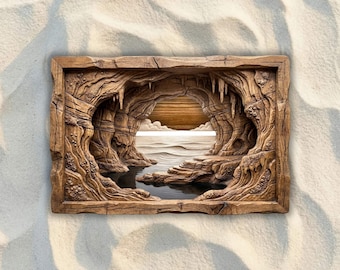 May include: A rectangular wooden wall art piece featuring a carved relief of a cave opening looking out towards a sea horizon. The frame and interior cave walls have a textured, wood-grain finish with stalactites hanging from the upper arch.