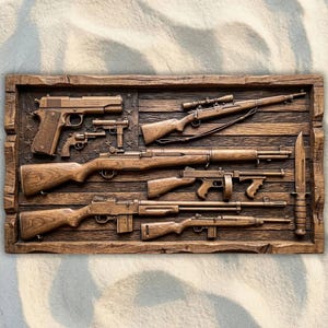 Amerikanska vapen från andra världskriget, amerikansk flagga STL-fil, 3D-relief CNC-routerfil, träsnideri 3D-utskriftsmodell, väggkonst från andra världskriget, patriotisk heminredning