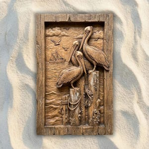 Pelikane auf Dock Posts CNC STL-Datei, Sommer 3D Relief CNC Fräser Datei, Holzschnitzerei 3D Druckmodell, Küstenwandkunst, Nautische Wohnkultur