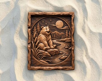 Whimsical Bear by River STL File | 3D Relief CNC Router Wood Carving Model | VCarve Aspire Carveco Shapeoko | Digital Download