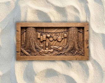 Camp Kitchen Gear in Forest CNC STL File, 3D Relief CNC Router File, Wood Carving 3D Printing Model, Camping Wall Art, Outdoor Home Decor