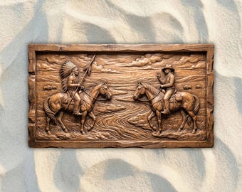 Native American and Cowboy Peace CNC STL File, 3D Relief CNC Router File, Wood Carving 3D Printing Model, Western Wall Art, Rustic Decor