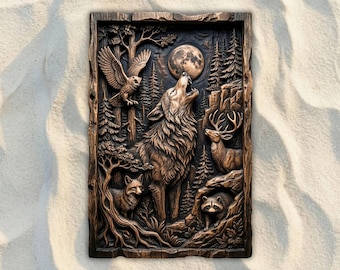 Könnte beinhalten: Detaillierte, braune Holzreliefschnitzerei, die eine Waldszene mit einem heulenden Wolf, einer Eule, einem Hirsch, einem Fuchs und einem Waschbären unter einem Vollmond darstellt. Das Kunstwerk ist mit einem strukturierten, rindenartigen Rahmen versehen.