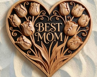 Archivo STL CNC de tulipán corazón "Mejor Mamá", archivo para fresadora CNC de relieve 3D, modelo de impresión 3D para tallado en madera, regalo para el Día de la Madre, decoración rústica de pared con forma de corazón floral.