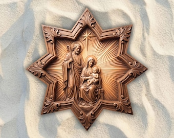 May include: A brown wooden wall plaque shaped like a six-pointed star featuring a relief carving of the Holy Family. The center depicts a man holding a staff, a woman, and a child, with a star above them and radiating lines in the background.