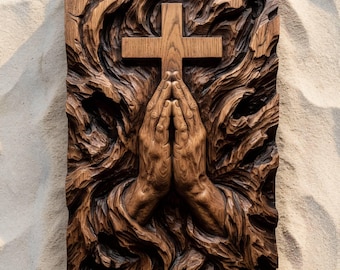 File STL per CNC di una croce con mani in preghiera, file per fresatrice CNC a rilievo 3D, modello per intaglio del legno e stampa 3D, arte religiosa da parete, decorazione per chiesa cristiana