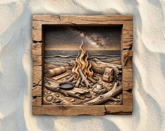 Beach Campfire Milky Way Night CNC STL File, 3D Relief CNC Router File, Wood Carving 3D Printing Model, Camping Wall Art, Coastal Home Decor