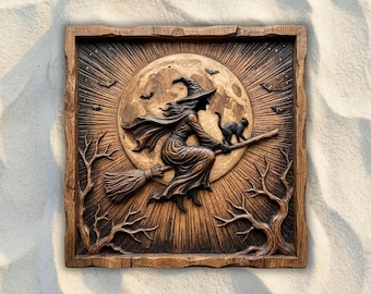 Test Wood Carving STL File | Witch on Broomstick Black Cat CNC, Halloween 3D Relief CNC Router File, Wood Carving 3D Printing Model