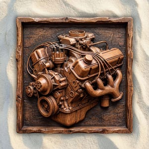 May include: A square wooden wall plaque featuring a detailed, three-dimensional relief carving of a V8 internal combustion engine. The artwork displays the engine block, valve covers, exhaust manifold, and wiring, all rendered in a rich brown wood grain.
