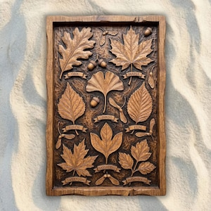 May include: A rectangular wooden wall plaque featuring detailed relief carvings of various tree leaves and seeds. The leaves are labeled with the names Oak, Maple, Birch, Ginkgo, Elm, Sweetgum, Sassafras, and Hawthorn on small carved banners.