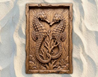 Archivo STL CNC de pareja de caballitos de mar, archivo para fresadora CNC de relieve 3D, modelo para impresión 3D de tallado en madera, arte mural de vida silvestre, decoración náutica costera