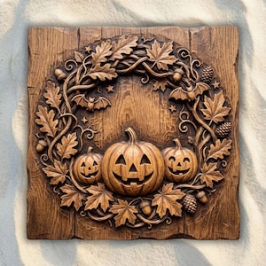 Peut inclure: Une plaque murale carrée en bois présentant une sculpture en relief détaillée de trois citrouilles d'Halloween entourées d'une couronne de feuilles de chêne, de feuilles d'érable, de pommes de pin, de glands et de petites chauves-souris.