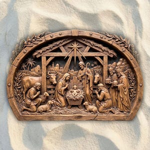 May include: A brown, arched wall plaque featuring a detailed relief carving of a nativity scene. The scene depicts a central manger with an infant, surrounded by figures, animals, and a stable structure, all framed by carved olive branches.