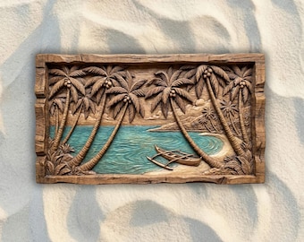 May include: A rectangular wooden wall carving featuring a relief scene of a tropical beach with palm trees, a small outrigger boat on the sand, and a turquoise painted ocean. The frame and landscape elements are carved in a natural brown wood tone.