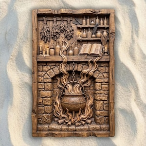 May include: A rectangular brown wall plaque featuring a carved relief of a stone fireplace with a cauldron over a fire. Above the fireplace, shelves hold various bottles, jars, candles, an open book, and bundles of dried herbs hanging from a wooden rack.