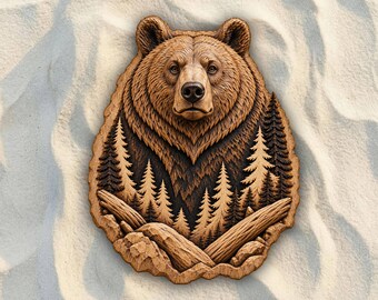 Bear Portrait and Forest STL File | 3D Relief CNC Router Wood Carving Model | VCarve Aspire Carveco Shapeoko | Digital Download