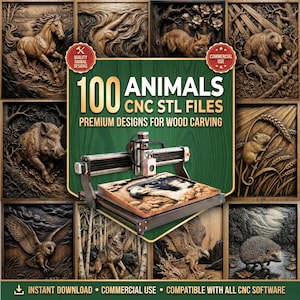 Può includere: Una collezione digitale di 100 file STL CNC di animali per l'intaglio del legno, con una macchina CNC centrale che incide un disegno di falco, circondata da vari rilievi di animali intagliati come cavallo, volpe, orso, cinghiale e riccio.