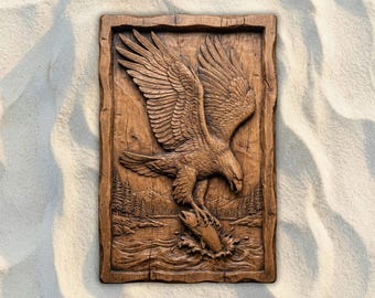 Archivo STL CNC de águila pescando, archivo para fresadora CNC de relieve 3D, modelo de impresión 3D para tallado en madera, arte mural de vida silvestre, decoración rústica de cabaña