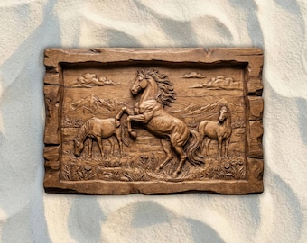 Horses in Mountain Meadow CNC STL File, 3D Relief CNC Router File, Wood Carving 3D Printing Model, Wildlife Wall Art, Rustic Home Decor