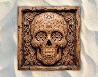 Sugar Skull with Flowers CNC STL File, 3D Relief CNC Router File, Wood Carving 3D Printing Model, Gothic Wall Art, Day of the Dead Decor