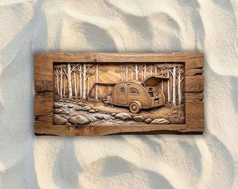 Teardrop Camper by Birch Stream STL File, 3D Relief CNC Router File, Wood Carving 3D Printing Model, Camping Wall Art, RV Home Decor