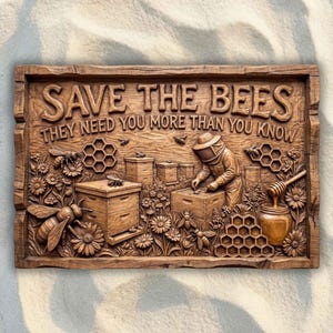 Può includere: Una targa da parete rettangolare in legno con un intaglio in rilievo di un apicoltore che cura gli alveari tra fiori e api. Il testo recita SAVE THE BEES THEY NEED YOU MORE THAN YOU KNOW. Il design include motivi a nido d'ape e un mestolo per miele.