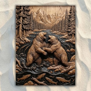 May include: A detailed wooden carving depicts two brown bears in a river, with open mouths, appearing to interact. The background features a mountain range, trees, and a flowing river with fish. The artwork is framed in a rectangular shape.