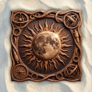 Puede incluir: Una placa de pared cuadrada de madera con una luna central rodeada de rayos solares. El marco está decorado con instrumentos astronómicos tallados, incluyendo esferas armilares, una rosa de los vientos y un telescopio, en madera marrón.