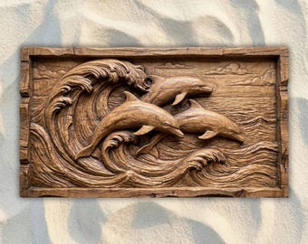 Delfines en olas del océano (archivo STL para CNC), archivo de relieve 3D para fresadora CNC, modelo para impresión 3D de tallado en madera, arte mural de vida silvestre, decoración costera.