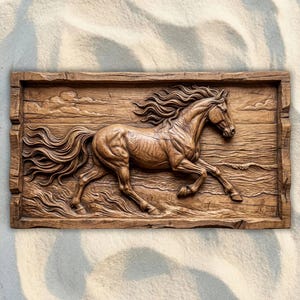 Galopperande häst CNC STL-fil, 3D-relief CNC-fräsfil, träsnideri 3D-utskriftsmodell, väggkonst med vilda djur, rustik heminredning