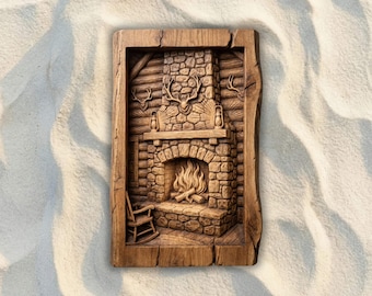 Log Cabin Fireplace with Antlers CNC STL File, 3D Relief CNC Router File, Wood Carving 3D Printing Model, Rustic Wall Art, Cabin Home Decor