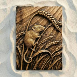 Archivo STL CNC de campo de trigo con ratón cosechador, archivo para fresadora CNC de relieve 3D, modelo de impresión 3D para tallado en madera, arte mural de vida silvestre, decoración rústica de cabaña