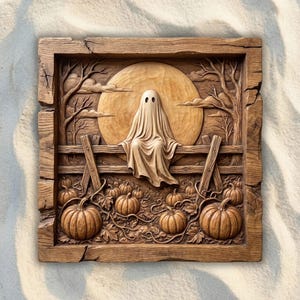 Pode incluir: Uma placa de parede quadrada de madeira com uma escultura em relevo de um fantasma sentado numa cerca em frente a uma lua cheia grande. A cena inclui árvores nuas, nuvens e um campo de abóboras com várias abóboras esculpidas e vinhas.